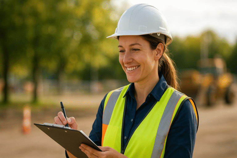 Vrouw op bouwterrein met veiligheidsvest